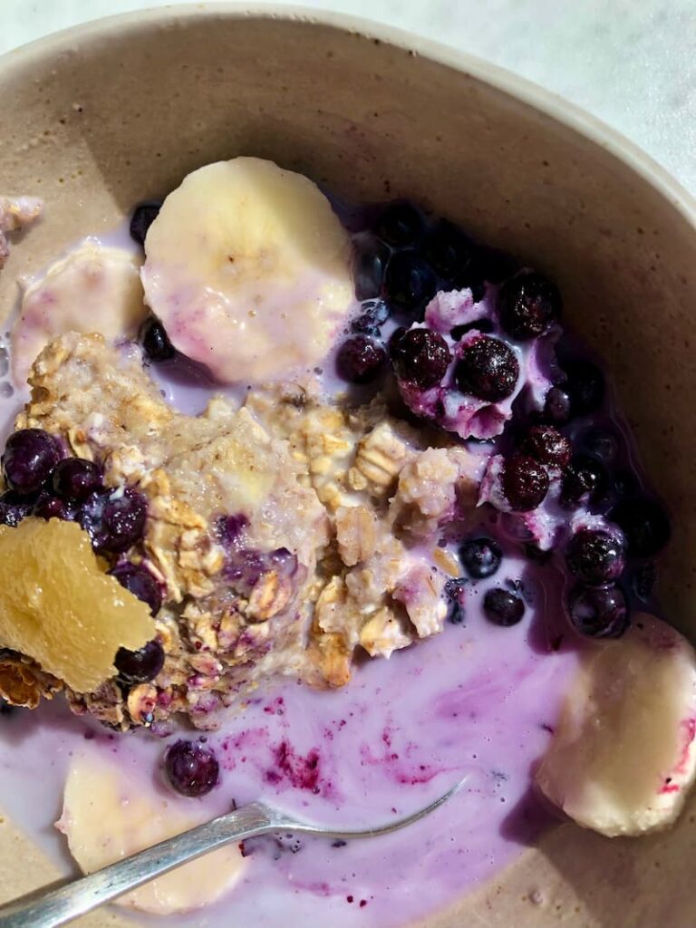 vegan bread pudding with plant milk and blueberries