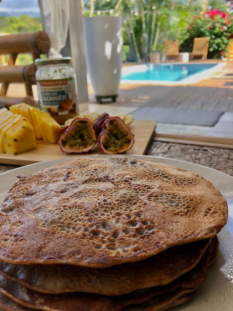 vegan buckwheat pancakes with passion fruit