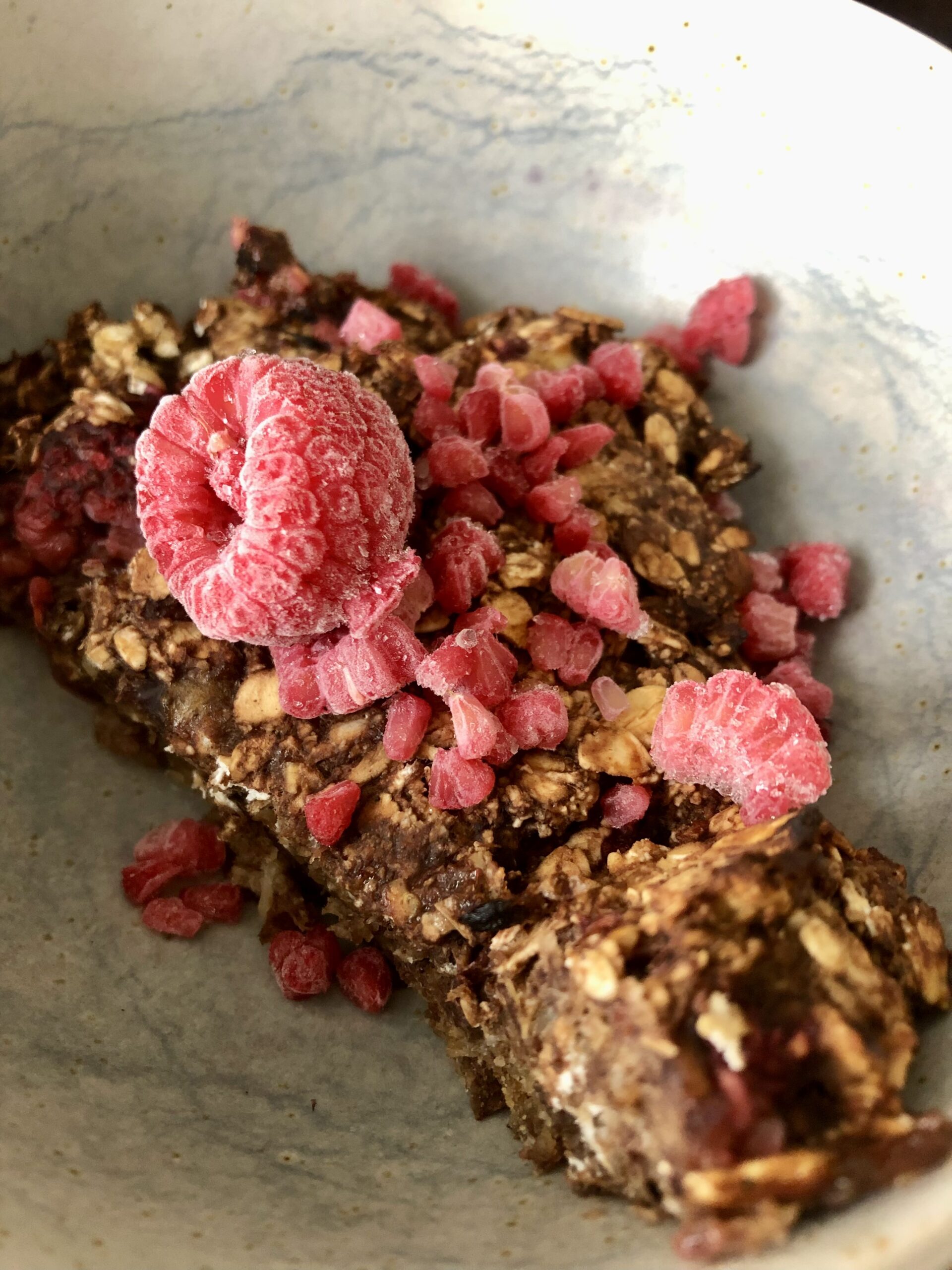 breakfast bread pudding with cocoa and raspberries