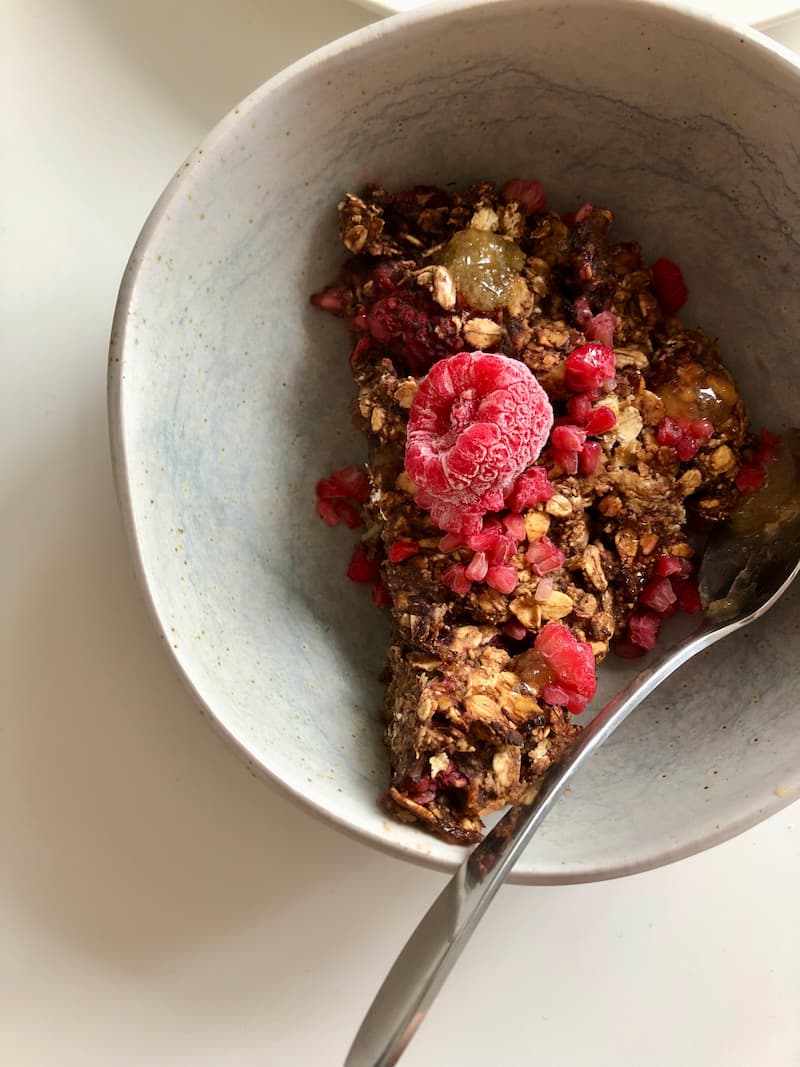 breakfast bread pudding with raspberries