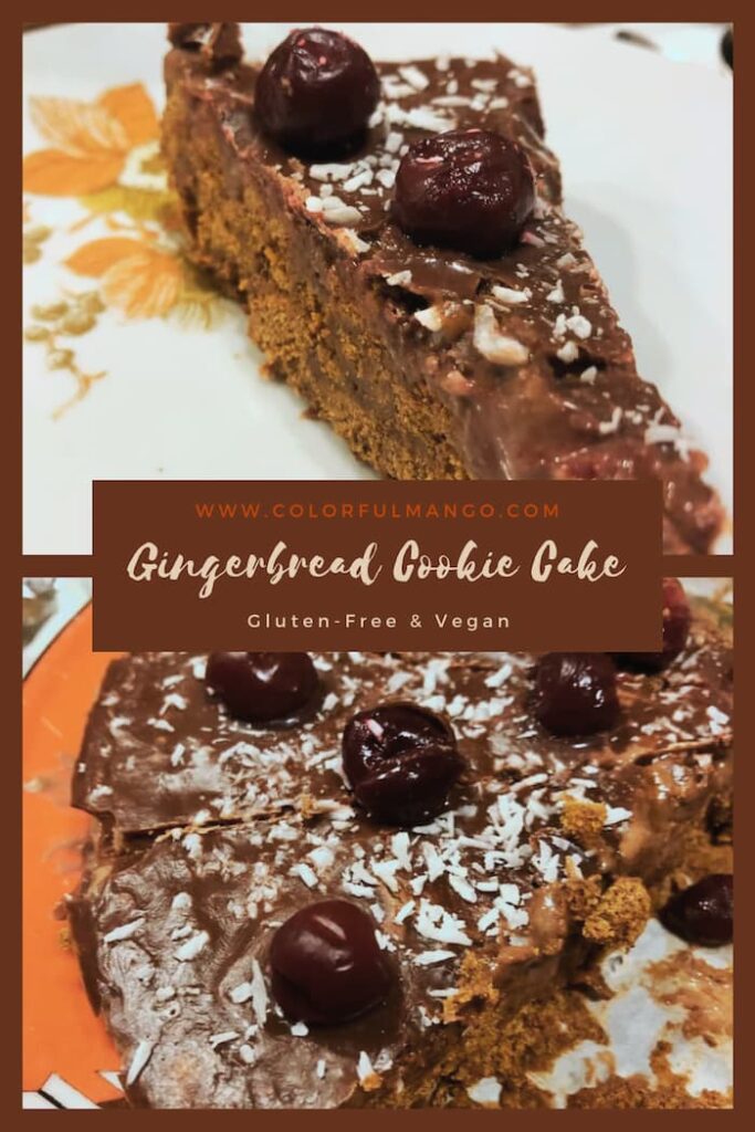 chocolate gingerbread cookie cake with cherries and coconut flakes on top