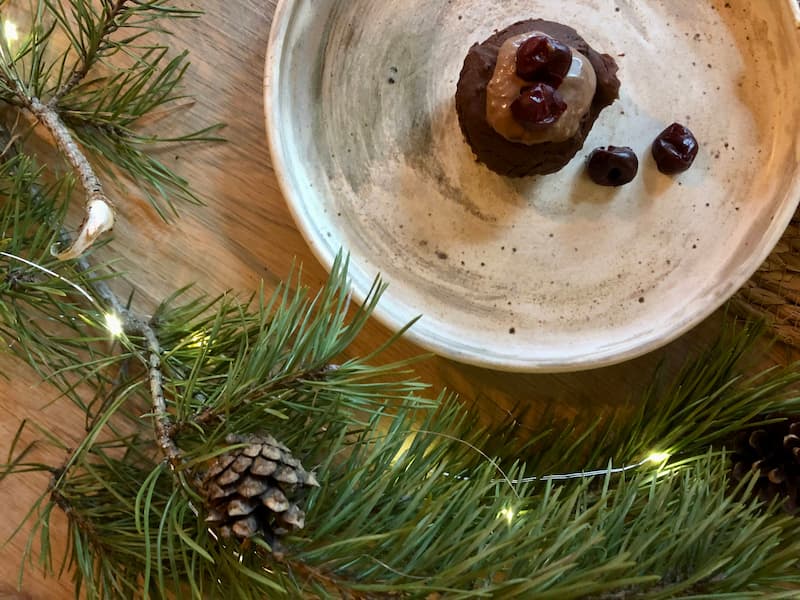 gluten-free chocolate muffin next to pine branch